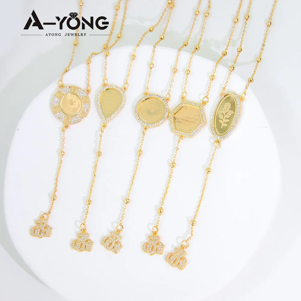 Saudi Islamic Gold Color Long Necklace 21K Gold Plated Tukrish Zirconia Coins Pendant Chains Dubai Women Fashion Party Jewelry