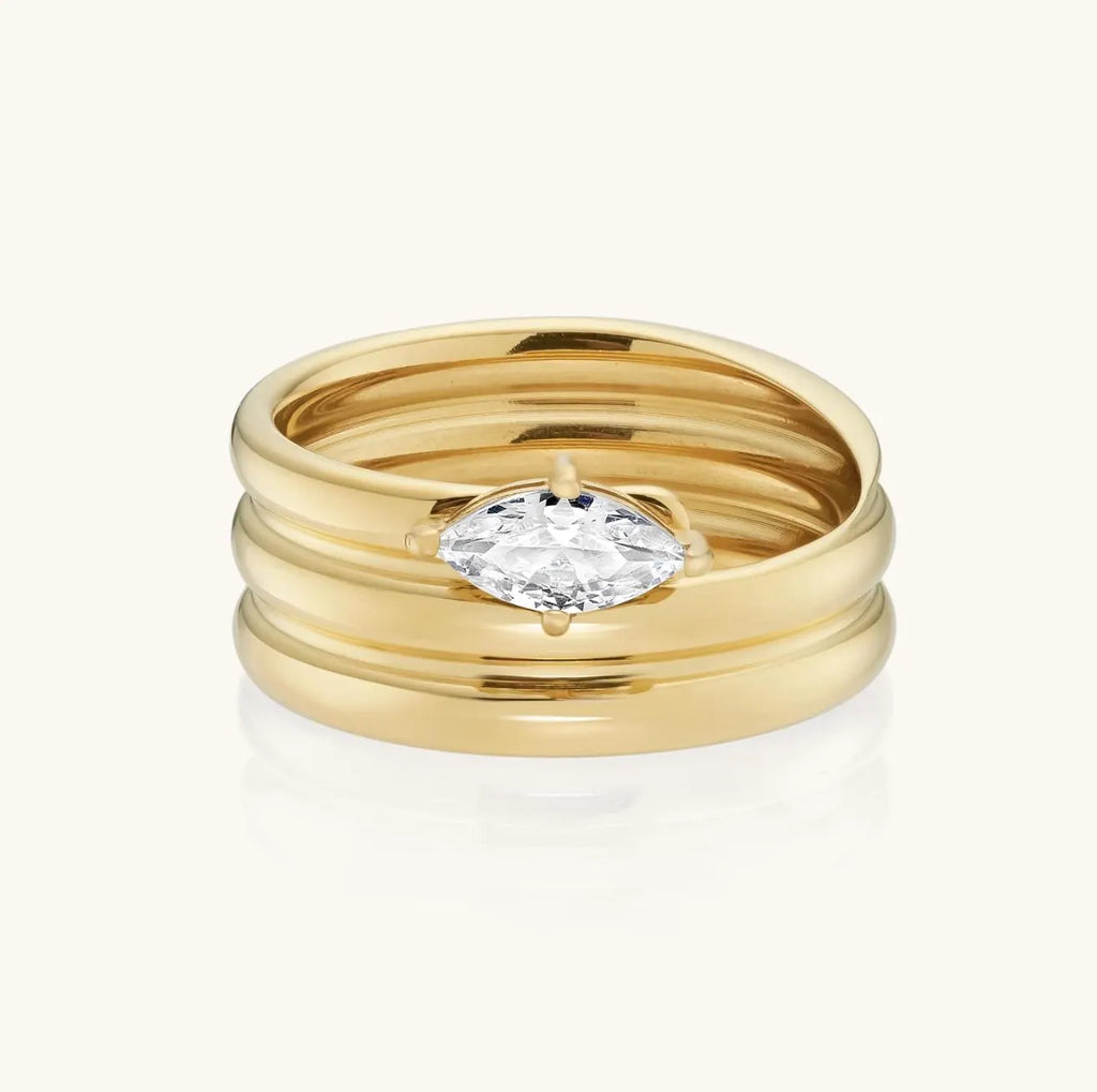 18K Gold Plated Marquise Stone Ring: Waterproof Stacking Jewelry (Sizes 6-8)