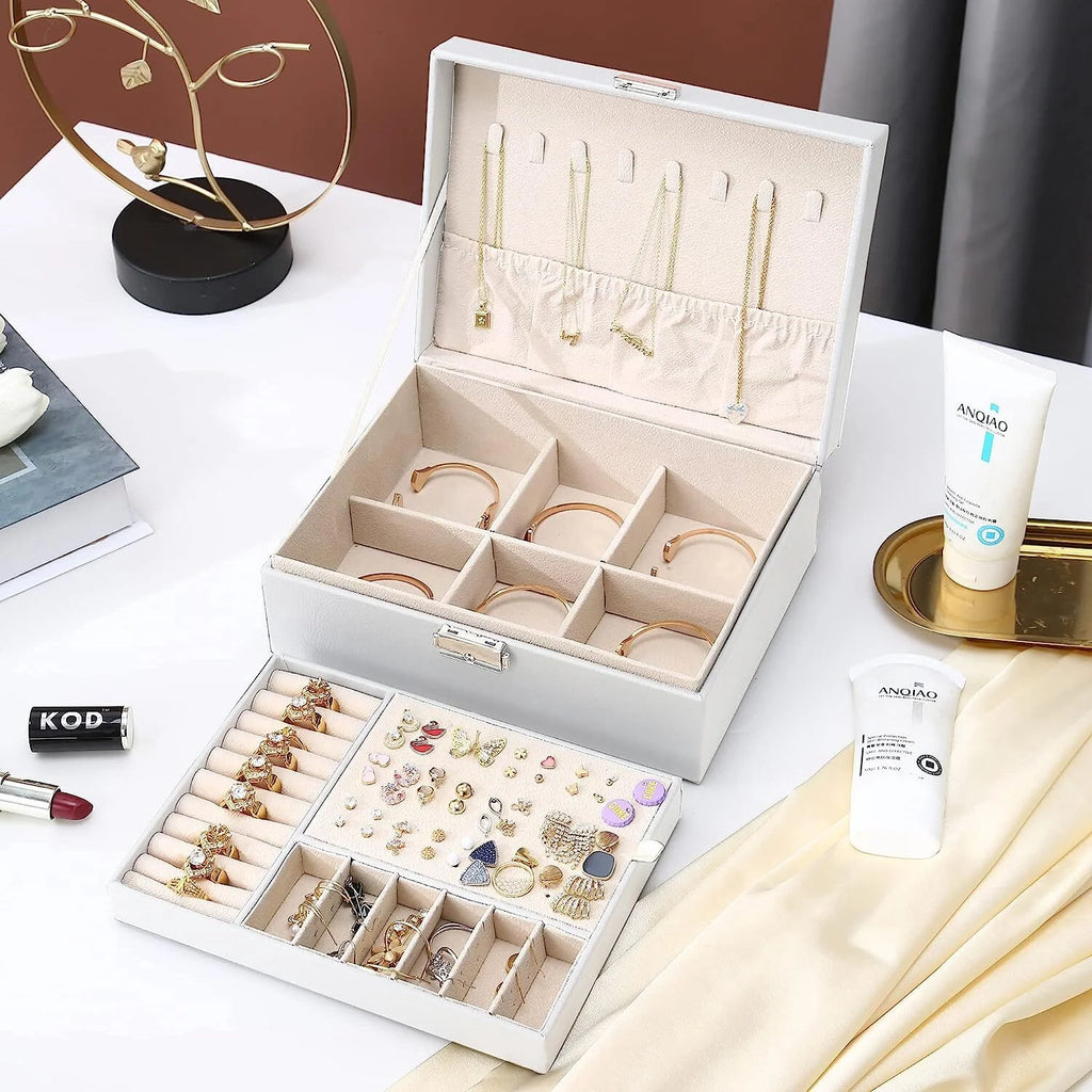 Lockable Birthday Wedding Day Jewelry Boxes, Faux Leather Metal and Velvet, White