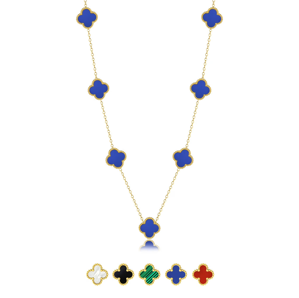 Blue Flower Station Necklace in Yellow Gold Plated