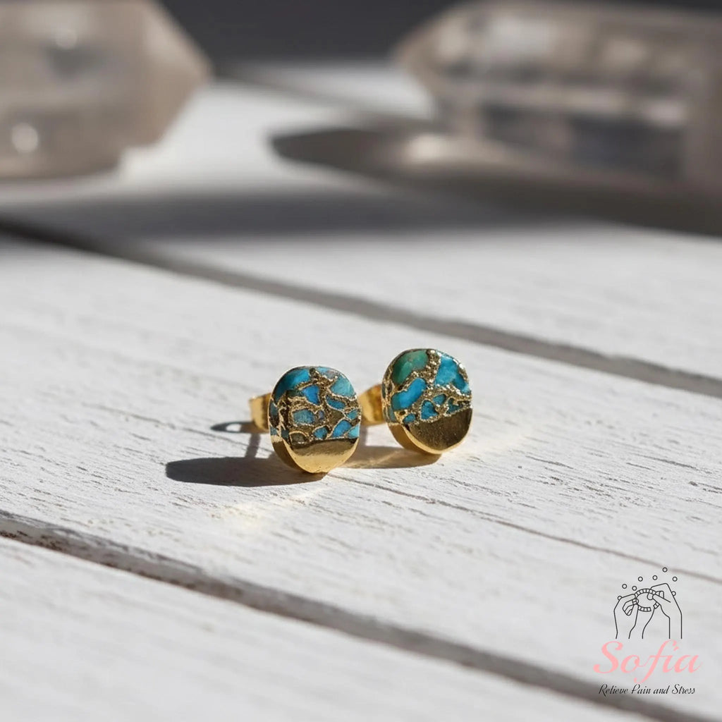 Turquoise Stone Stud Earrings - Natural Turquoise Gemstone Gold Earrings - Birthstone Post Earrings - Raw Turquoise Oval Stud Earrings