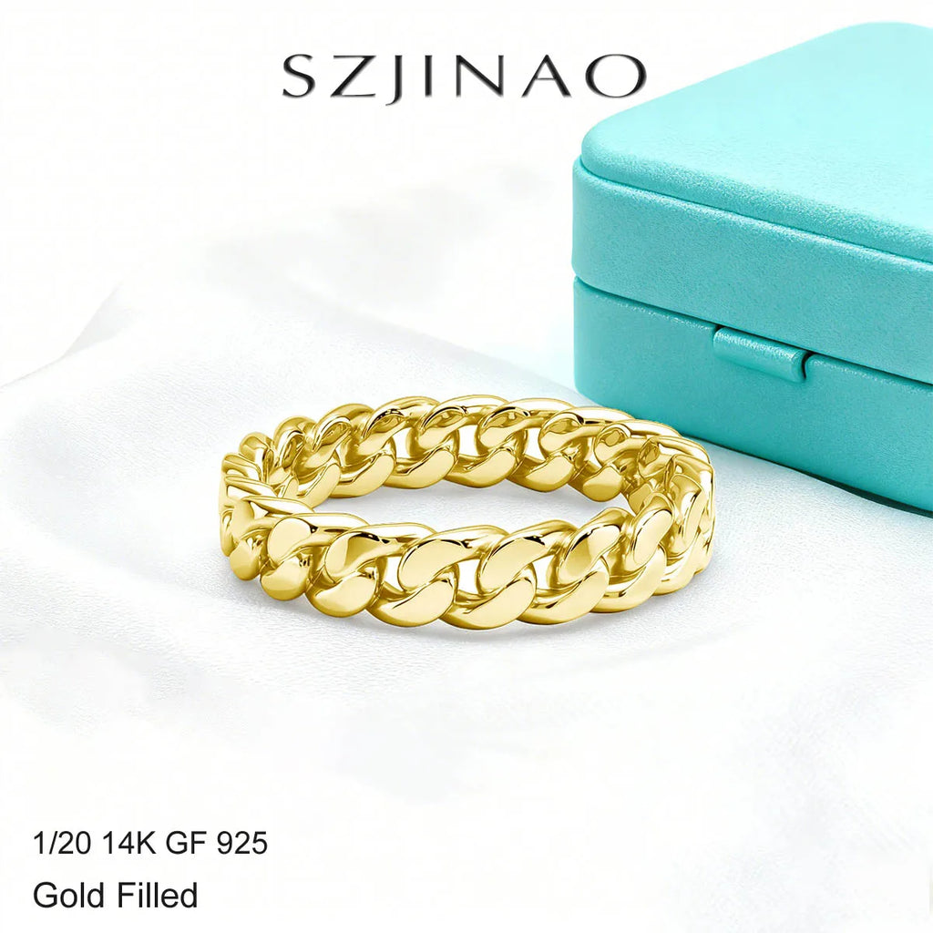 14K Gold Filled Chunky Chain Ring Retro Woven Link Statement Ring for Women Men Unisex Hypoallergenic Fashion Wedding Jewelry
