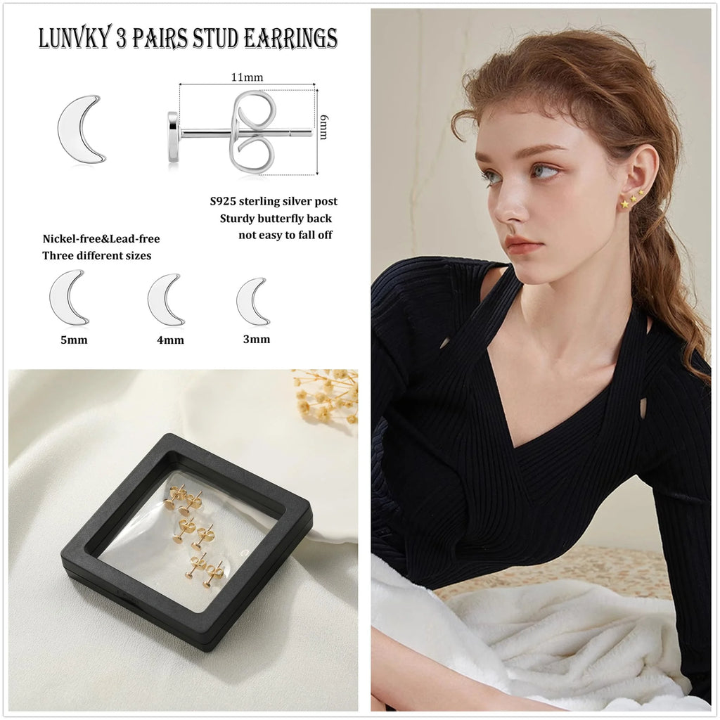 3 Pairs 18K White Gold Plated Moon Stud Earrings for Women Hypoallergenic Small S925 Sterling Silver Post Earring Sets Birthday Graduation Jewelry Gifts Teen Her Wife Mom Adults Ideas