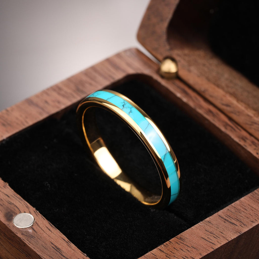 Turquoise Inlay Gold Tungsten Ring, Yellow Gold Tungsten Wedding Ring,Turquoise Wedding Band,4Mm Promise Ring,Unisex Band,Anniversary Gift