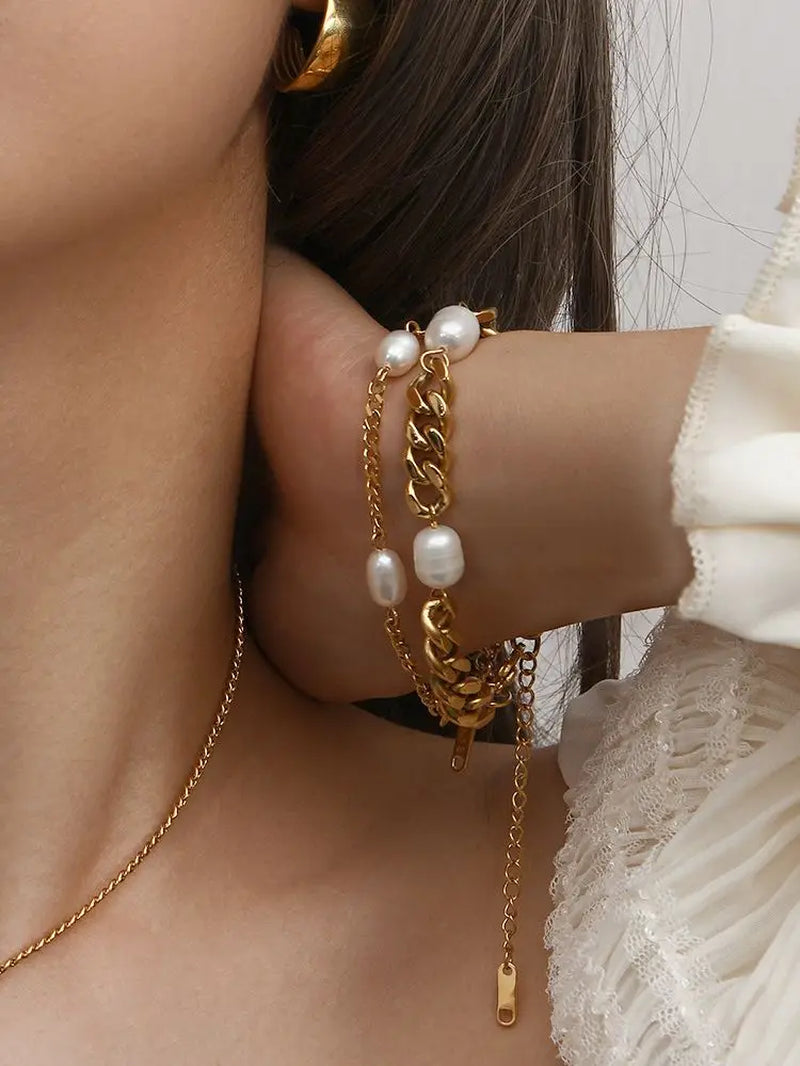 Uworld Elegant Natural Pearl 18K PVD Gold Plated Chain Bracelet 361L Stainless Steel Waterproof Jewelry Women Gift Bijoux Femme