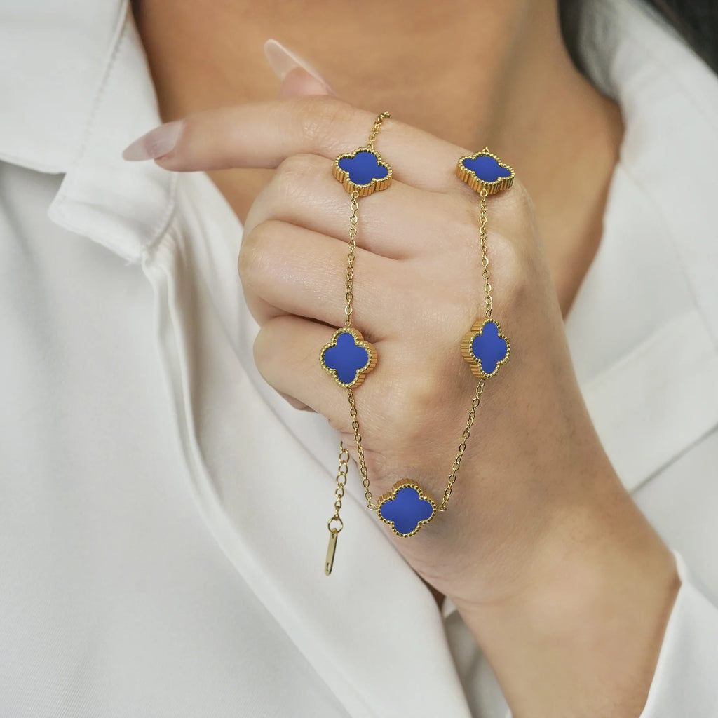 Blue Flower Station Necklace in Yellow Gold Plated