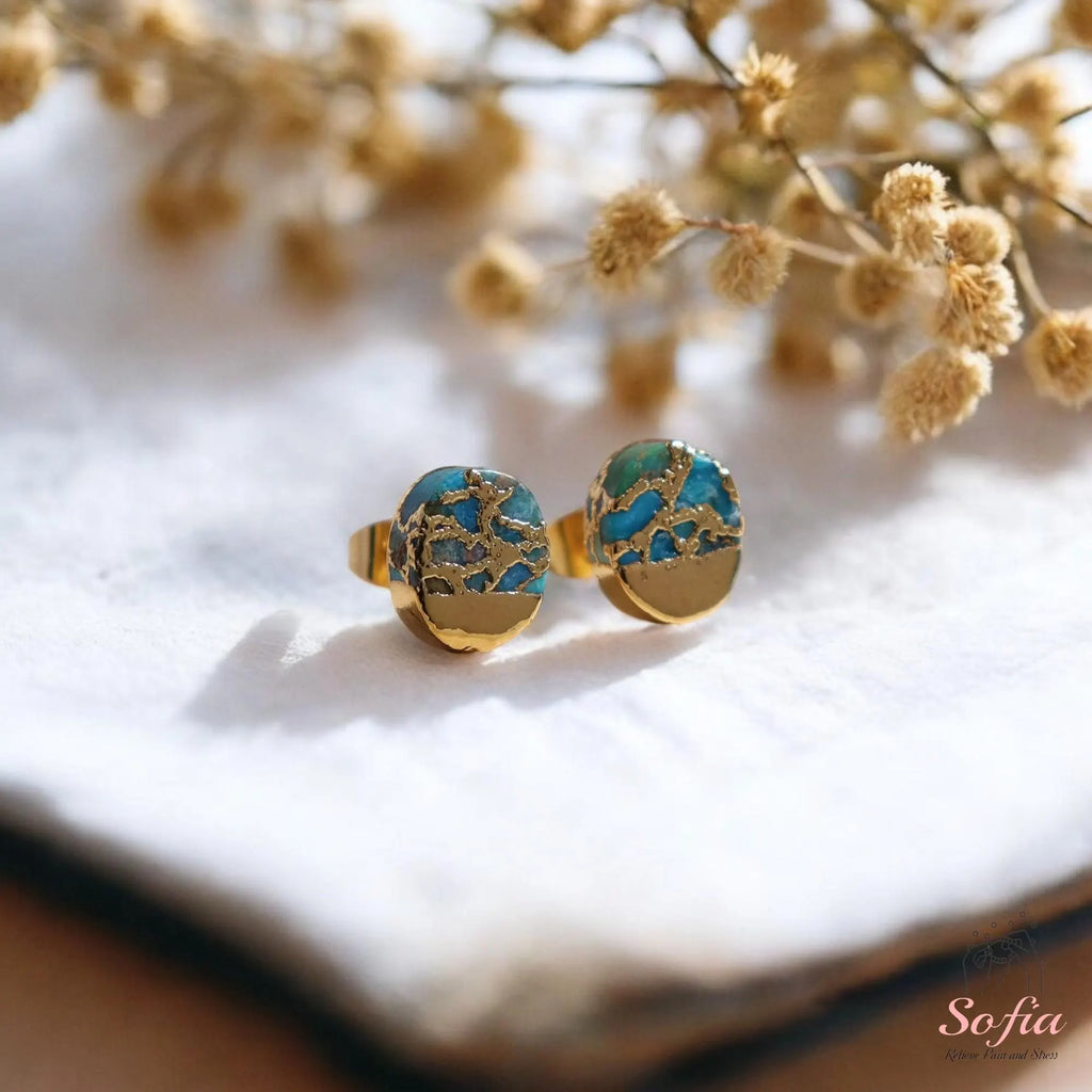 Turquoise Stone Stud Earrings - Natural Turquoise Gemstone Gold Earrings - Birthstone Post Earrings - Raw Turquoise Oval Stud Earrings