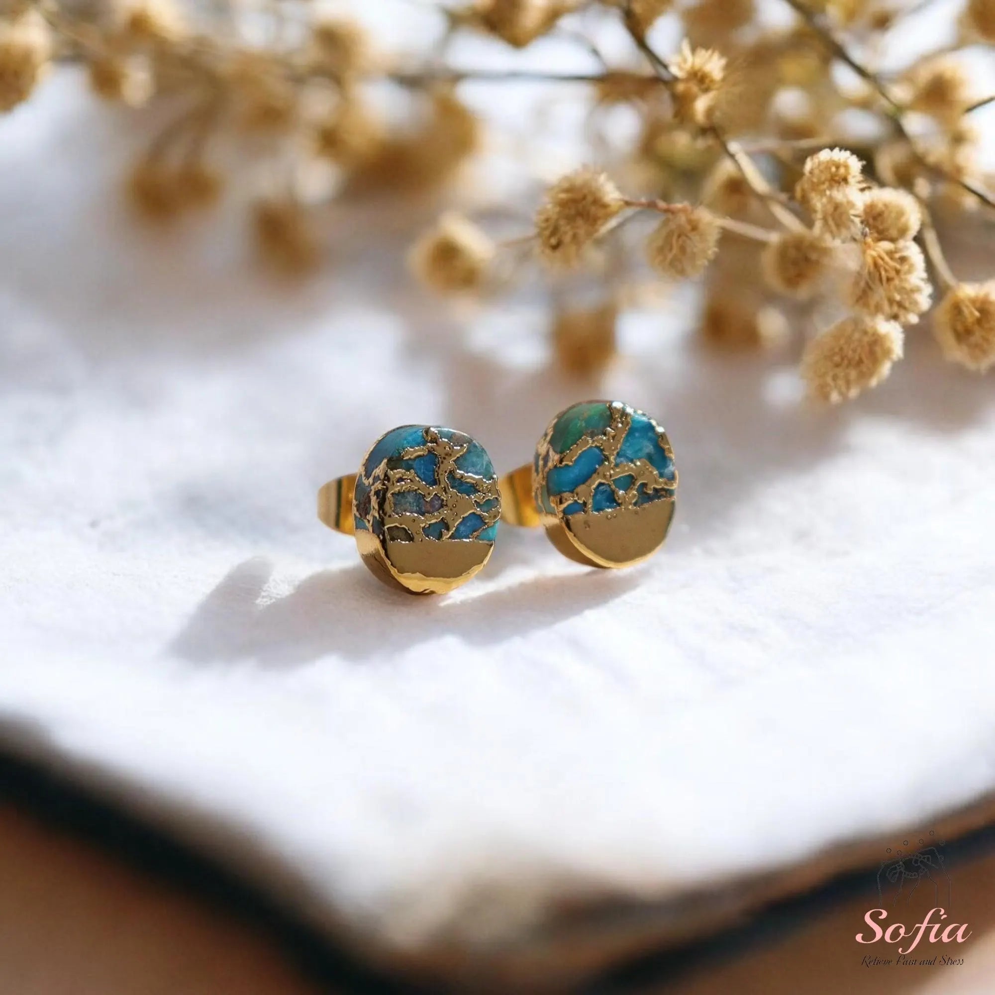 Turquoise Stone Stud Earrings - Natural Turquoise Gemstone Gold Earrings - Birthstone Post Earrings - Raw Turquoise Oval Stud Earrings