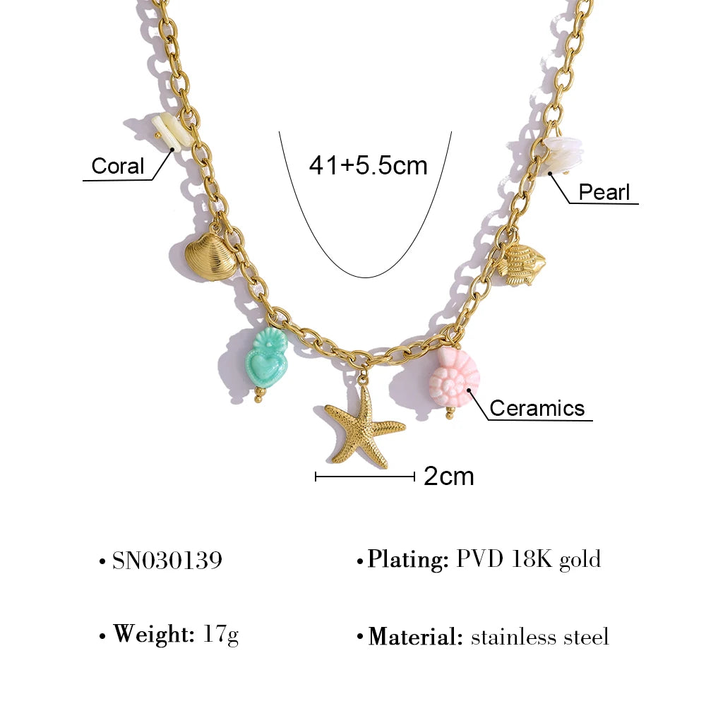 New in Stainless Steel Ocean Necklace Bracelet for Women Vintage 18K Gold Plated Beach Holiday Waterproof Jewelry