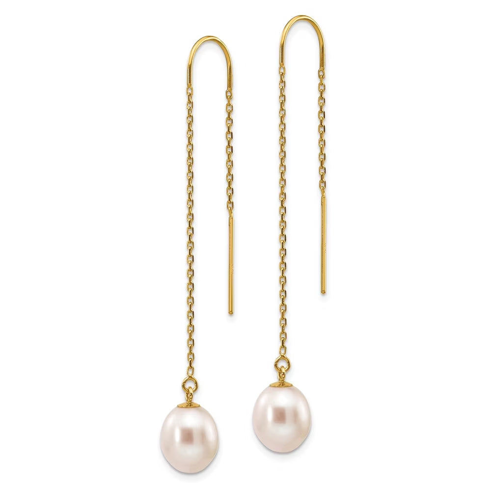14K 7-8Mm White Rice Freshwater Cultured Pearl Dangle Threader Earrings XF593EW