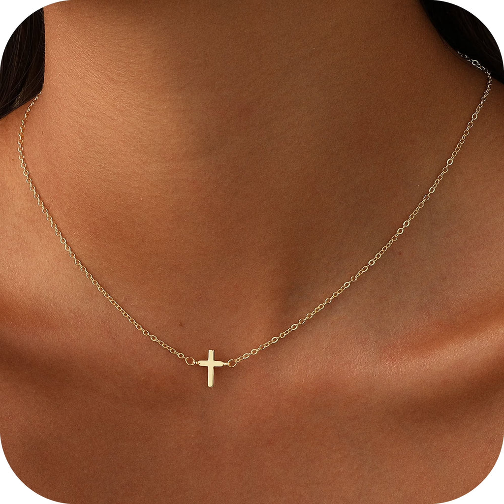 Cross Necklace for Women ,14K Gold Plated Sideways Set Dainty Simple Cross Choker Trendy Cute Pendant Chain Faith Jewelry Gift
