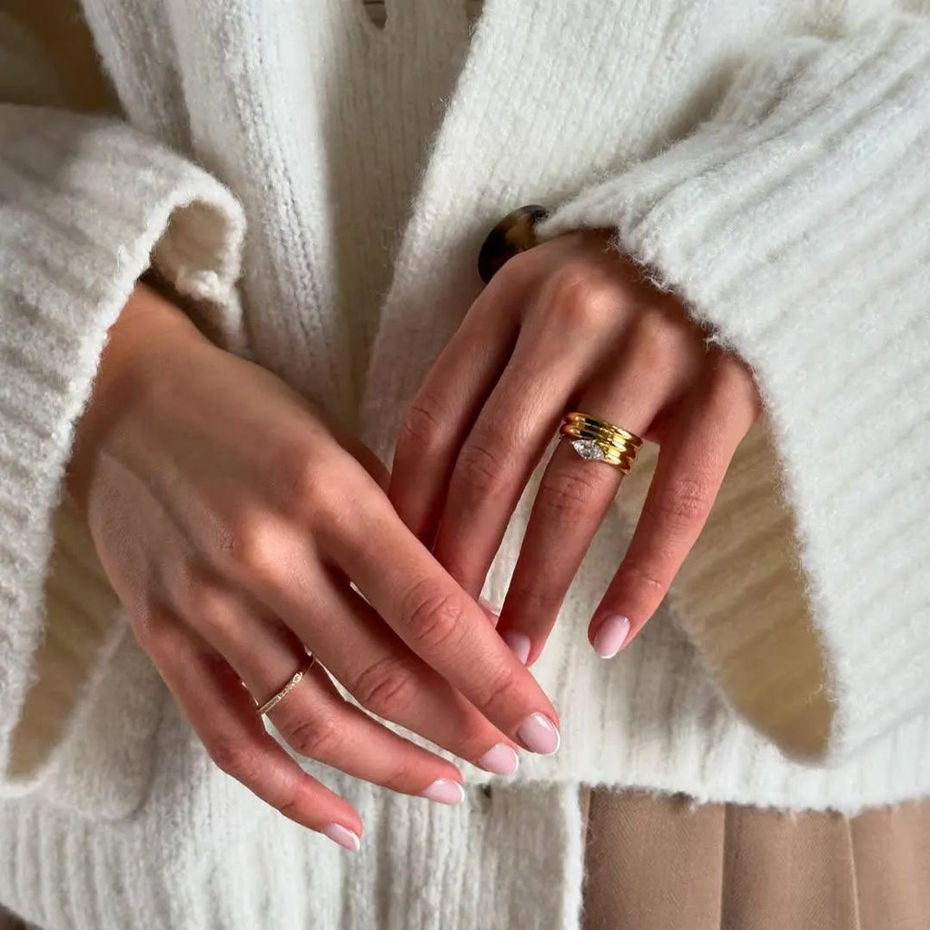 18K Gold Plated Marquise Stone Ring: Waterproof Stacking Jewelry (Sizes 6-8)