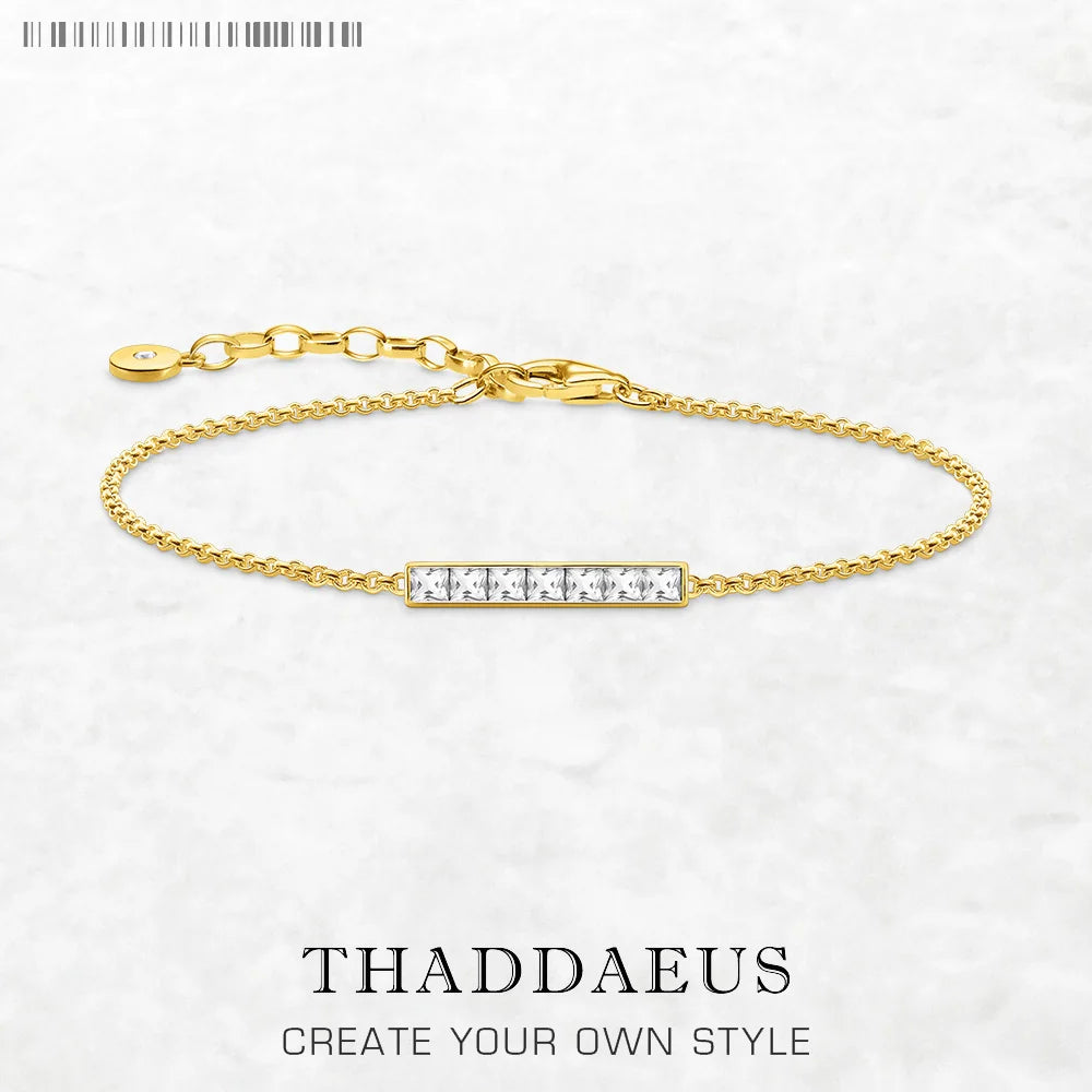 Gold Bracelet White Stones Rectangle Brand New Solid 925 Sterling Silver Trendy Jewelry Europe Women Gift