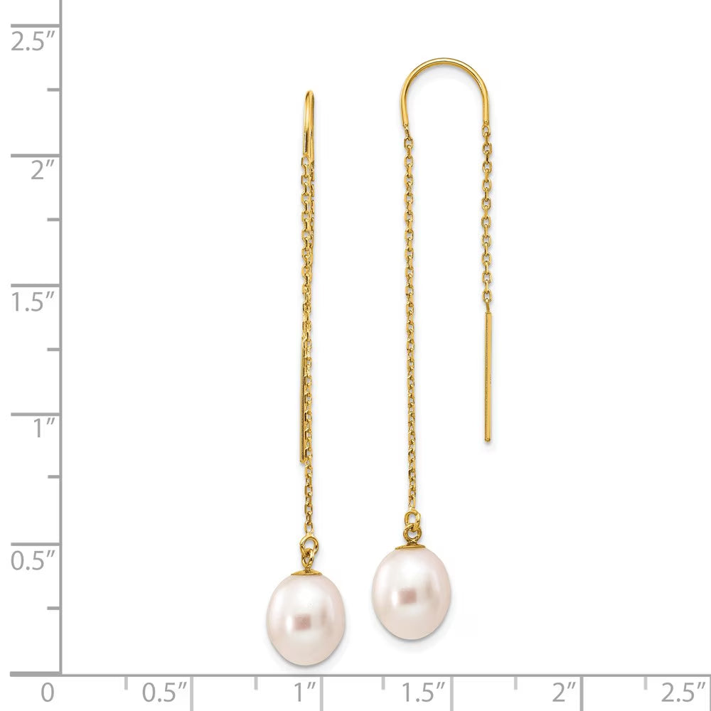 14K 7-8Mm White Rice Freshwater Cultured Pearl Dangle Threader Earrings XF593EW