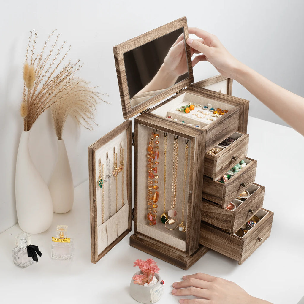 Jewelry Box for Women, 5 Layer Large Wood Boxes & Organizers for Necklaces Earrings Rings Bracelets, Rustic Organizer with Drawers and Mirror