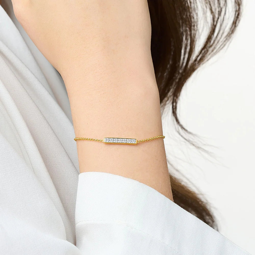 Gold Bracelet White Stones Rectangle Brand New Solid 925 Sterling Silver Trendy Jewelry Europe Women Gift