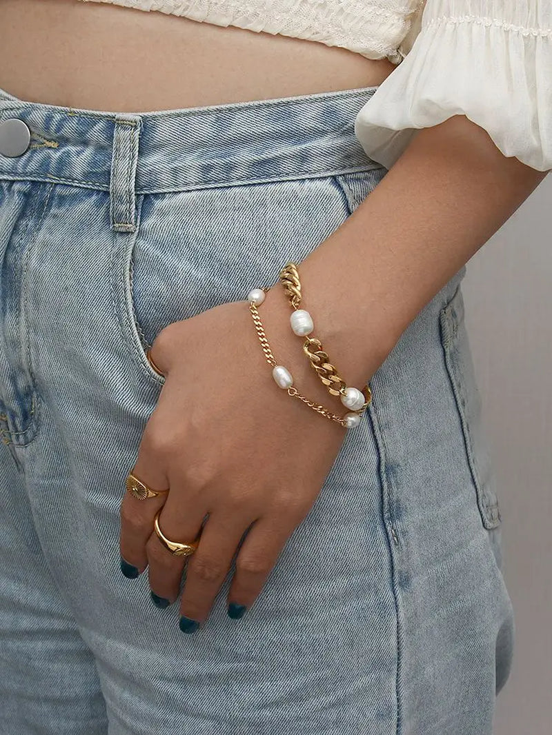 Uworld Elegant Natural Pearl 18K PVD Gold Plated Chain Bracelet 361L Stainless Steel Waterproof Jewelry Women Gift Bijoux Femme