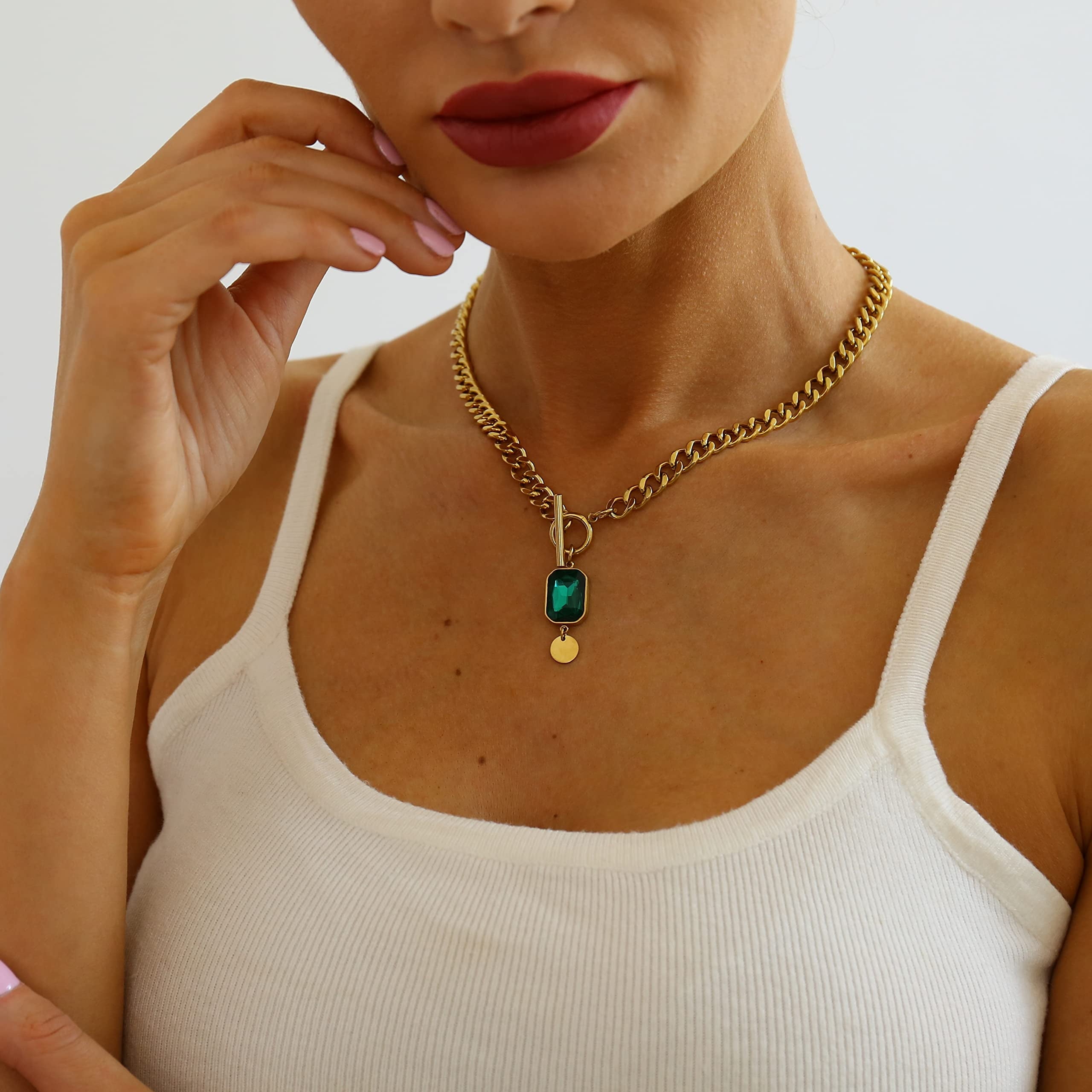 Chunky Toggle Necklace 18K Gold Plated Simple Cuban Chain Link Toggle Clasp Necklaces for Women