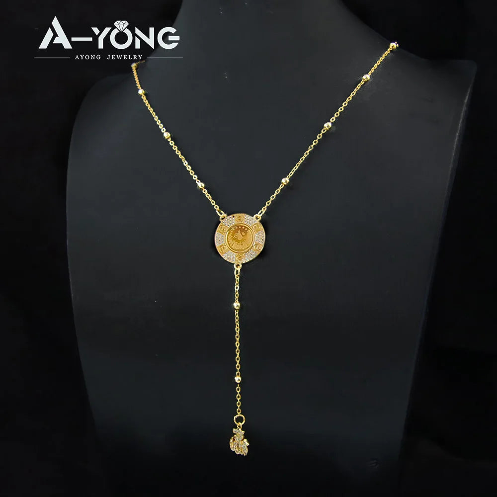 Saudi Islamic Gold Color Long Necklace 21K Gold Plated Tukrish Zirconia Coins Pendant Chains Dubai Women Fashion Party Jewelry