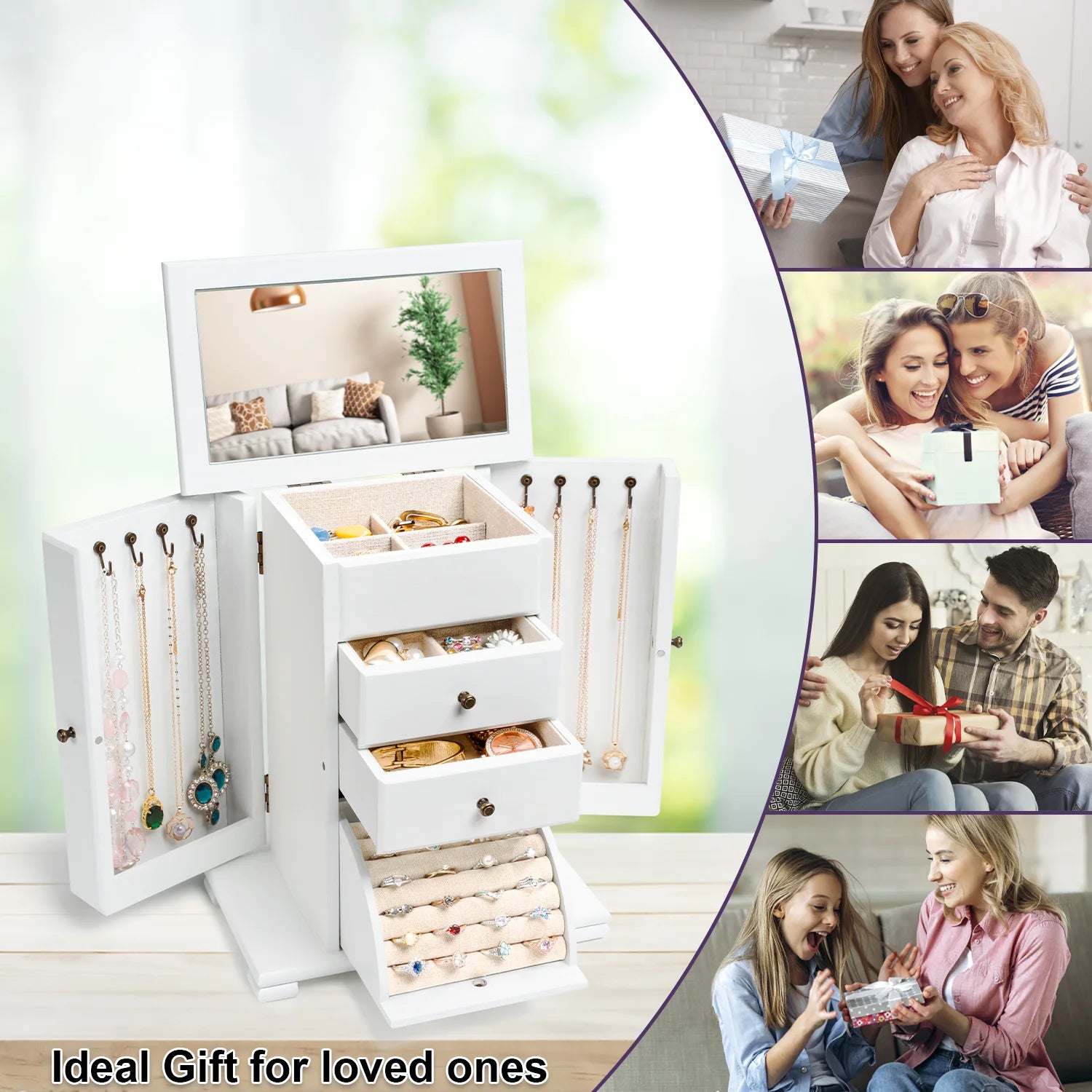 Jewelry Box, 4 Layer Wooden Jewelry Boxes for Women, Jewelry Organizer Box Display for Rings Earrings Necklaces Bracelets,Weathered White
