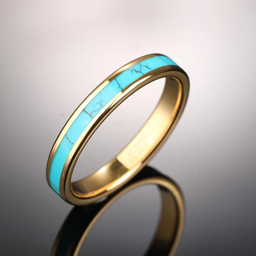 Turquoise Inlay Gold Tungsten Ring, Yellow Gold Tungsten Wedding Ring,Turquoise Wedding Band,4Mm Promise Ring,Unisex Band,Anniversary Gift