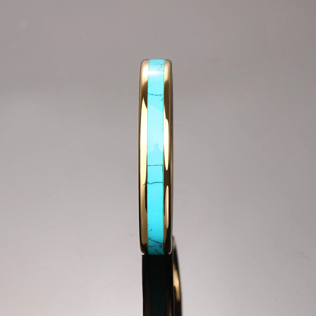 Turquoise Inlay Gold Tungsten Ring, Yellow Gold Tungsten Wedding Ring,Turquoise Wedding Band,4Mm Promise Ring,Unisex Band,Anniversary Gift