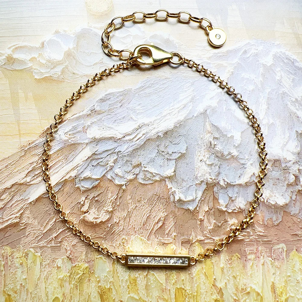 Gold Bracelet White Stones Rectangle Brand New Solid 925 Sterling Silver Trendy Jewelry Europe Women Gift