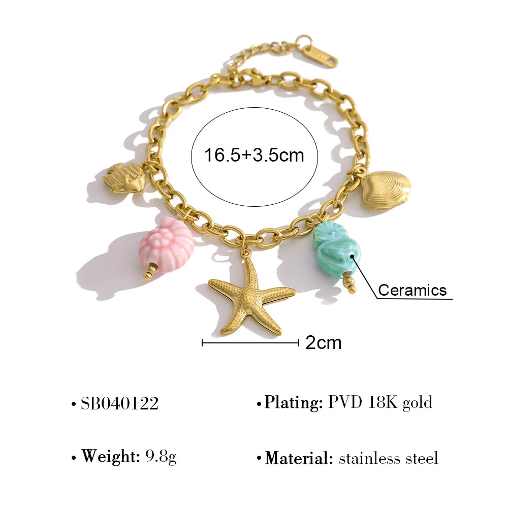 New in Stainless Steel Ocean Necklace Bracelet for Women Vintage 18K Gold Plated Beach Holiday Waterproof Jewelry