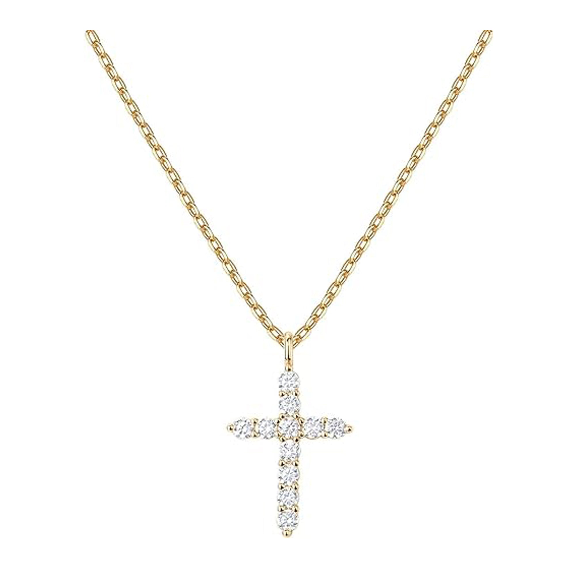 18K Yellow Gold Created White Sapphire Petite Cross Necklace Plated