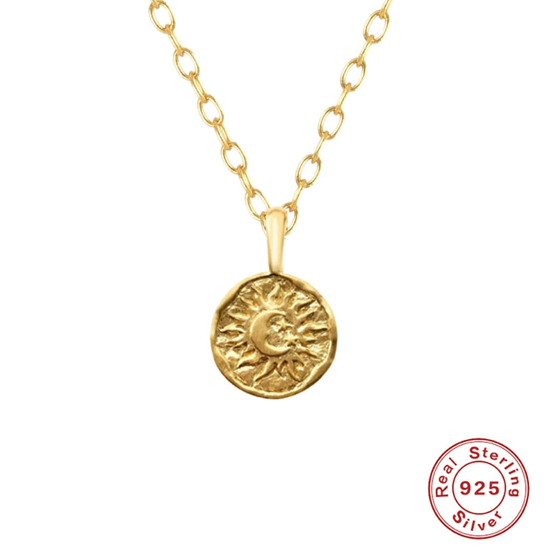 Real 925 Sterling Silver Moon Necklaces for Women Vintage Crescent Sun round Pendant Chokers Chains Necklaces Fine Jewelry