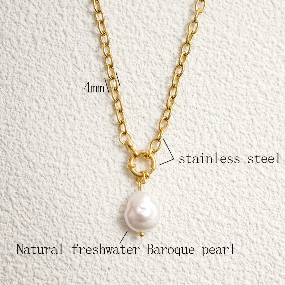 Natural Pearl Necklace for Women Stainless Steel Sailor Clasp Choker Gold/Silver Color Metal Rolo Chian Femme Stone Collier