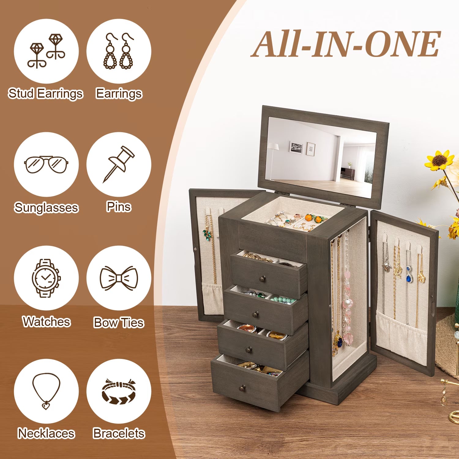 Jewelry Box for Women, 5 Layer Large Wood Boxes & Organizers for Necklaces Earrings Rings Bracelets, Rustic Organizer with Drawers and Mirror