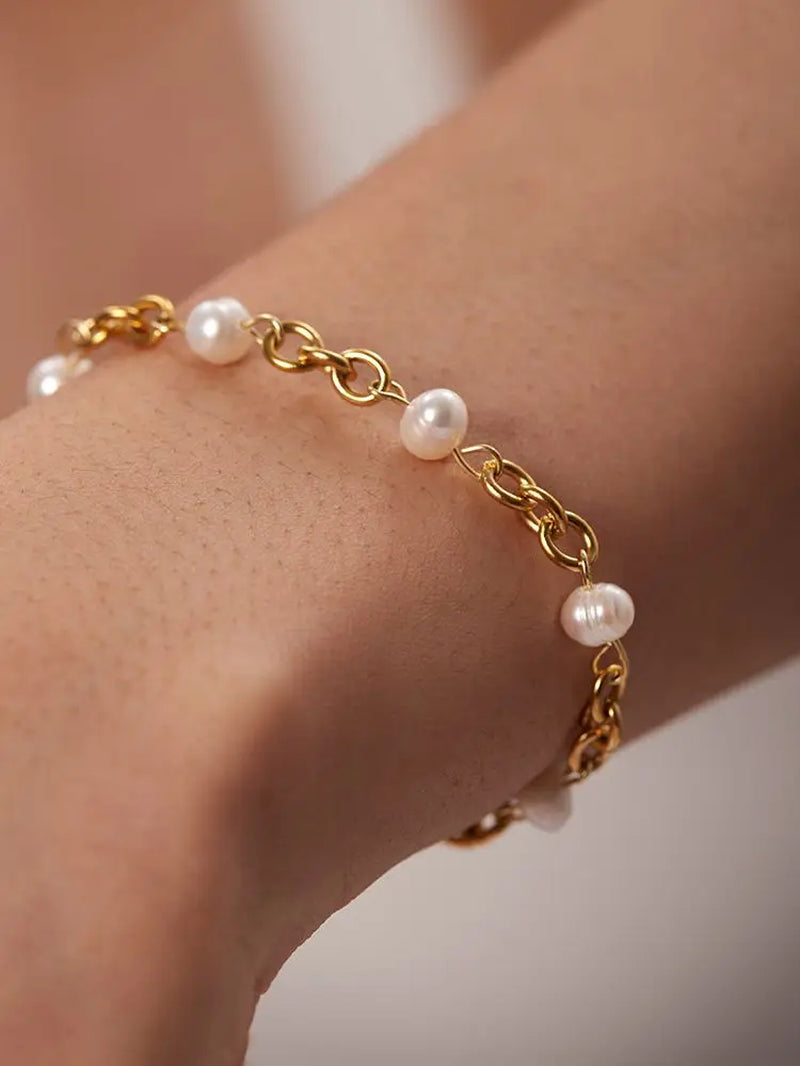 Uworld Elegant Natural Pearl 18K PVD Gold Plated Chain Bracelet 361L Stainless Steel Waterproof Jewelry Women Gift Bijoux Femme