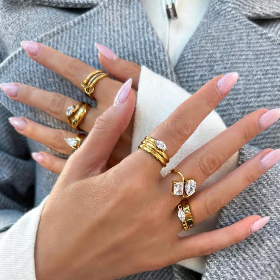 18K Gold Plated Marquise Stone Ring: Waterproof Stacking Jewelry (Sizes 6-8)