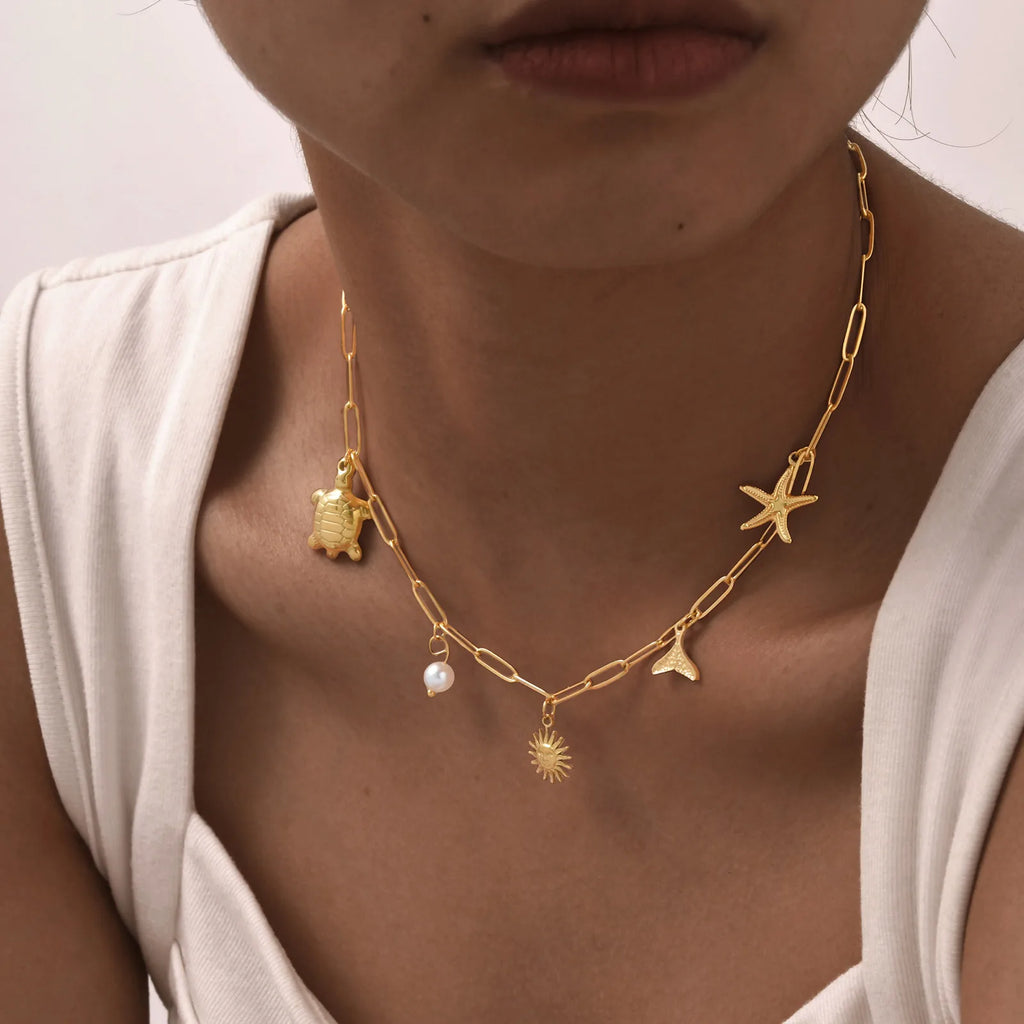 18K Gold Plated Pearl Shell Conch Starfish Summer Beach Necklace, Charms Necklace for Women,Stainless Steel Waterproof Jewelry