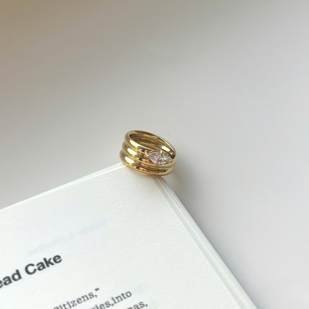 18K Gold Plated Marquise Stone Ring: Waterproof Stacking Jewelry (Sizes 6-8)