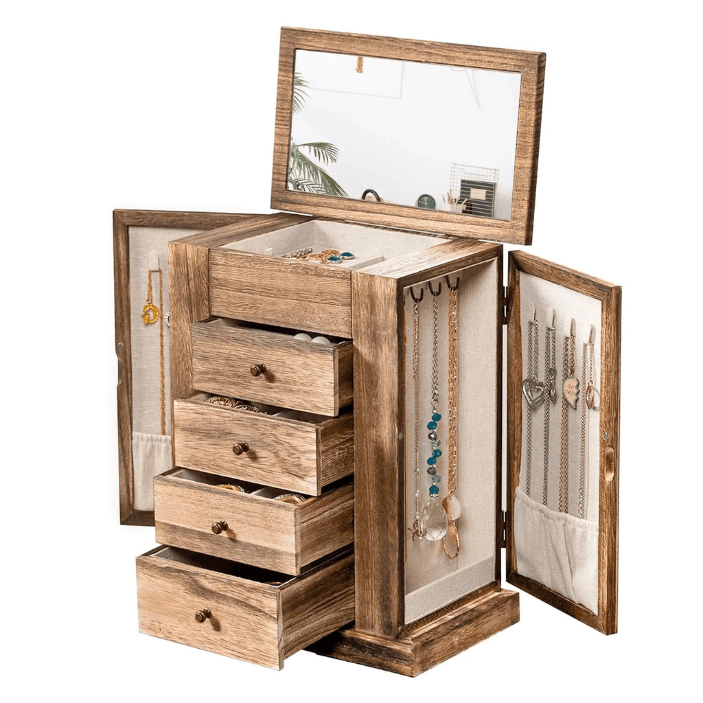Jewelry Box for Women, 5 Layer Large Wood Boxes & Organizers for Necklaces Earrings Rings Bracelets, Rustic Organizer with Drawers and Mirror