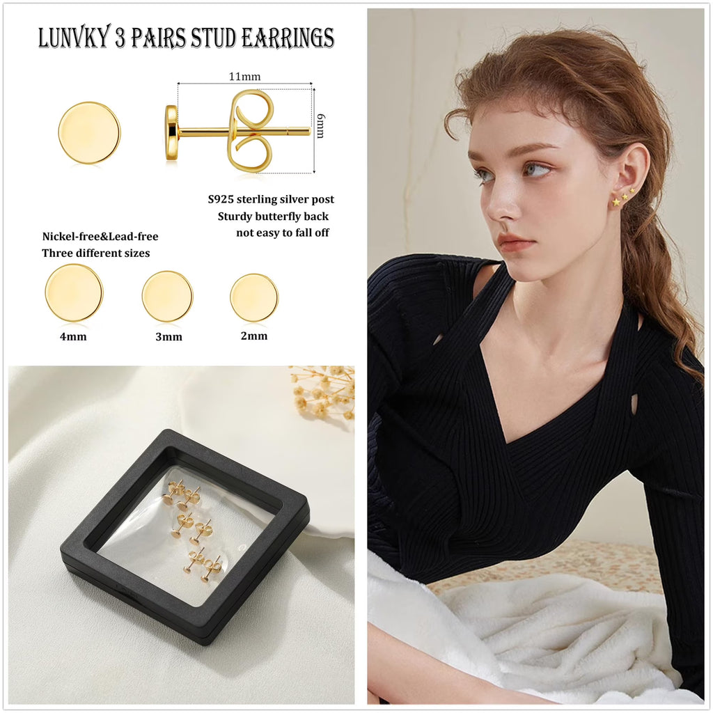 3 Pairs 18K Gold Plated round Stud Earrings for Women Hypoallergenic Small Cartilage Post Earring Sets Birthday Graduation Jewelry Gifts Teen Her Mom Girlfriend Female Lady Wife Adults Ideas