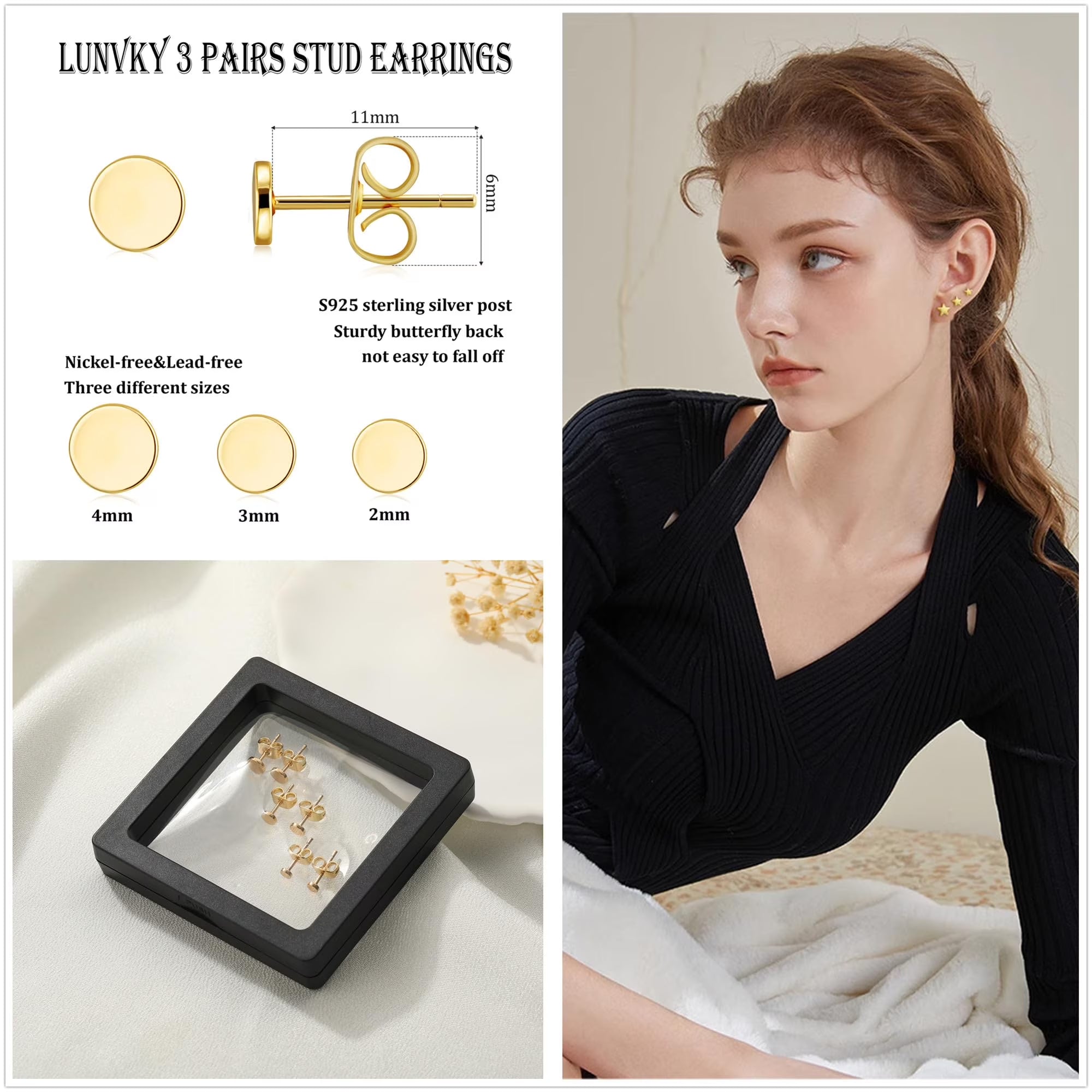 3 Pairs 18K Gold Plated round Stud Earrings for Women Hypoallergenic Small Cartilage Post Earring Sets Birthday Graduation Jewelry Gifts Teen Her Mom Girlfriend Female Lady Wife Adults Ideas