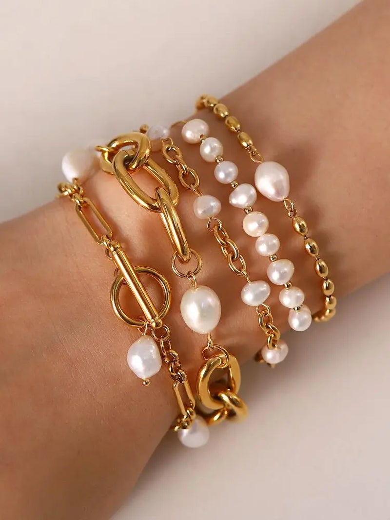 Uworld Elegant Natural Pearl 18K PVD Gold Plated Chain Bracelet 361L Stainless Steel Waterproof Jewelry Women Gift Bijoux Femme