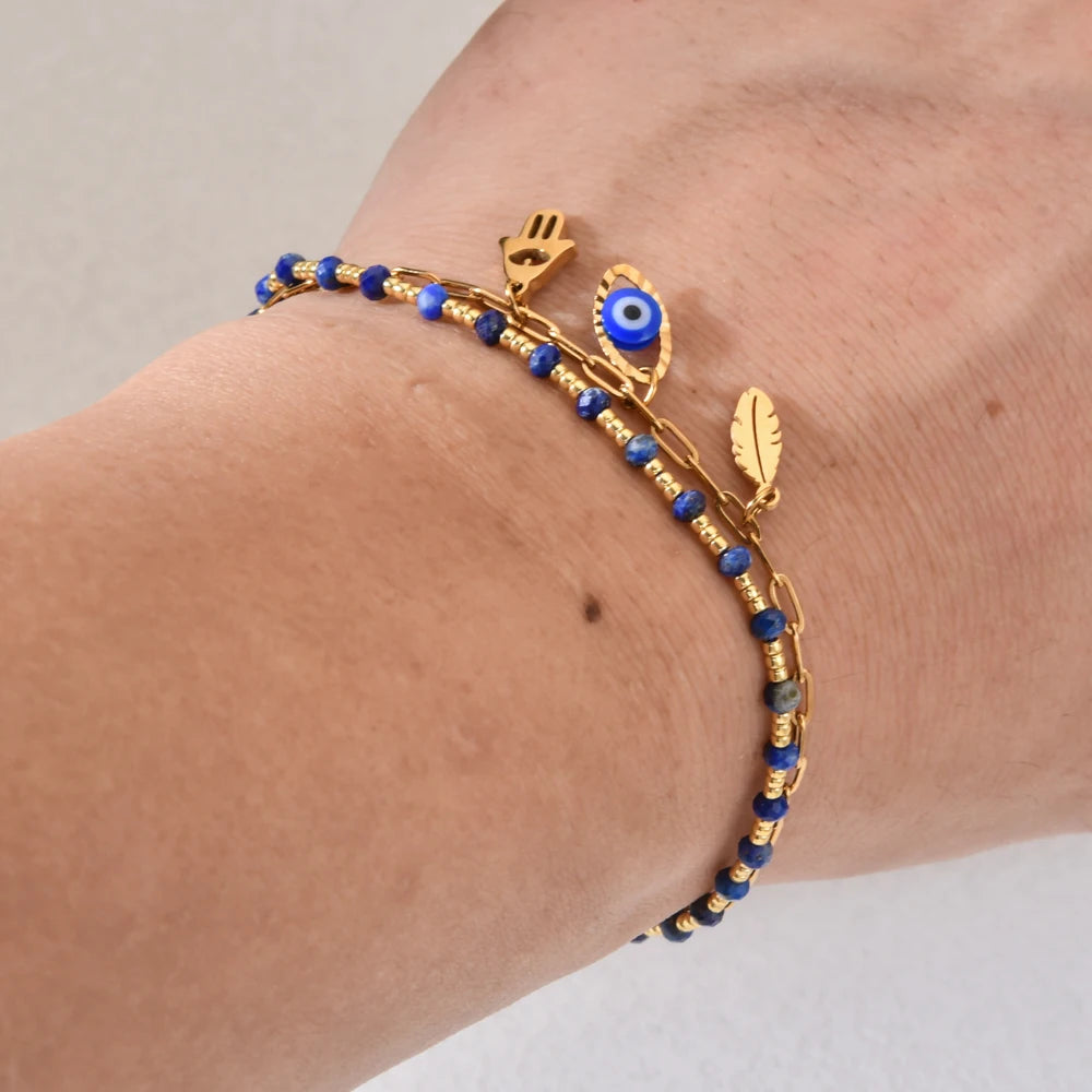 New Boho Handmade Color Evil Eye Hamsa Hand Charms Stainless Steel Bracelet Luxury Natural Stone Jewelry Accessories