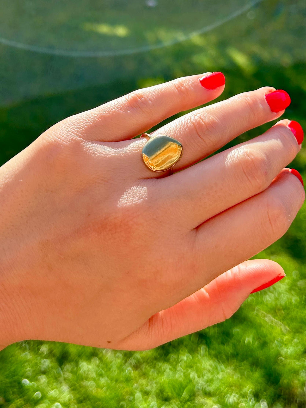 Simple, Chic and Timeless - a Waterproof Gold Ring in an Adjustable Size with a Smooth Gold Disc in an on Trend Irregular Finish