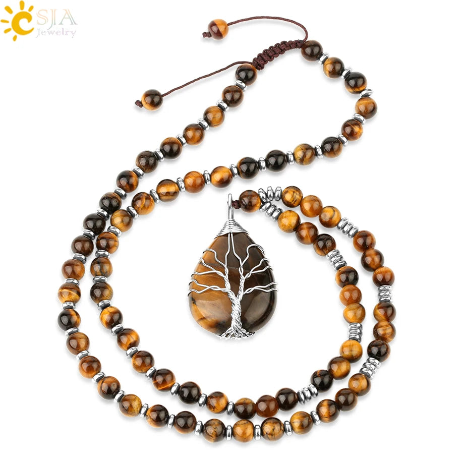 CSJA Natural Stones Beaded Tiger Eye Necklaces for Men Tree of Life Pendants Mala Yoga Beads 7 Chakra Reiki Female Jewelry S469