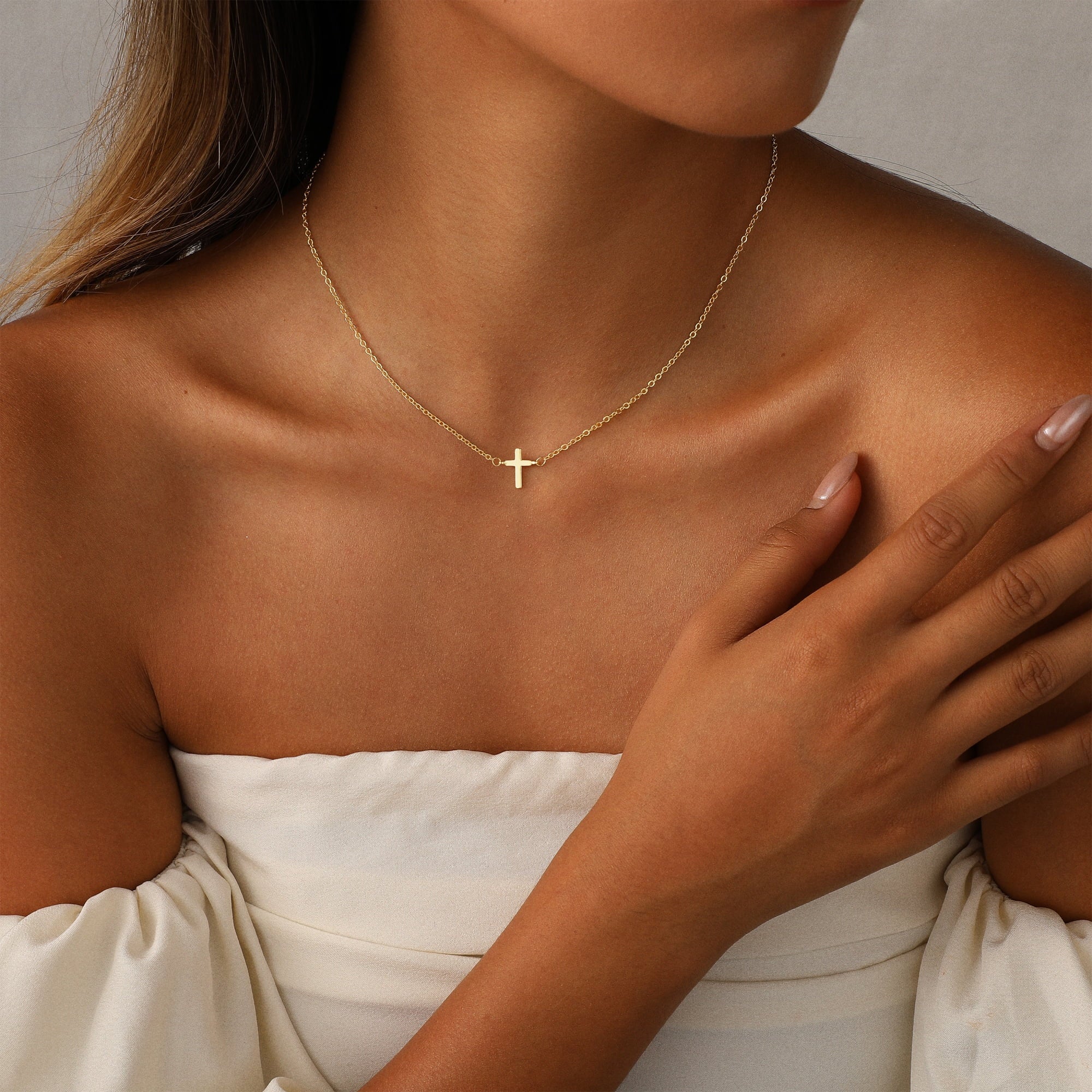 Cross Necklace for Women ,14K Gold Plated Sideways Set Dainty Simple Cross Choker Trendy Cute Pendant Chain Faith Jewelry Gift