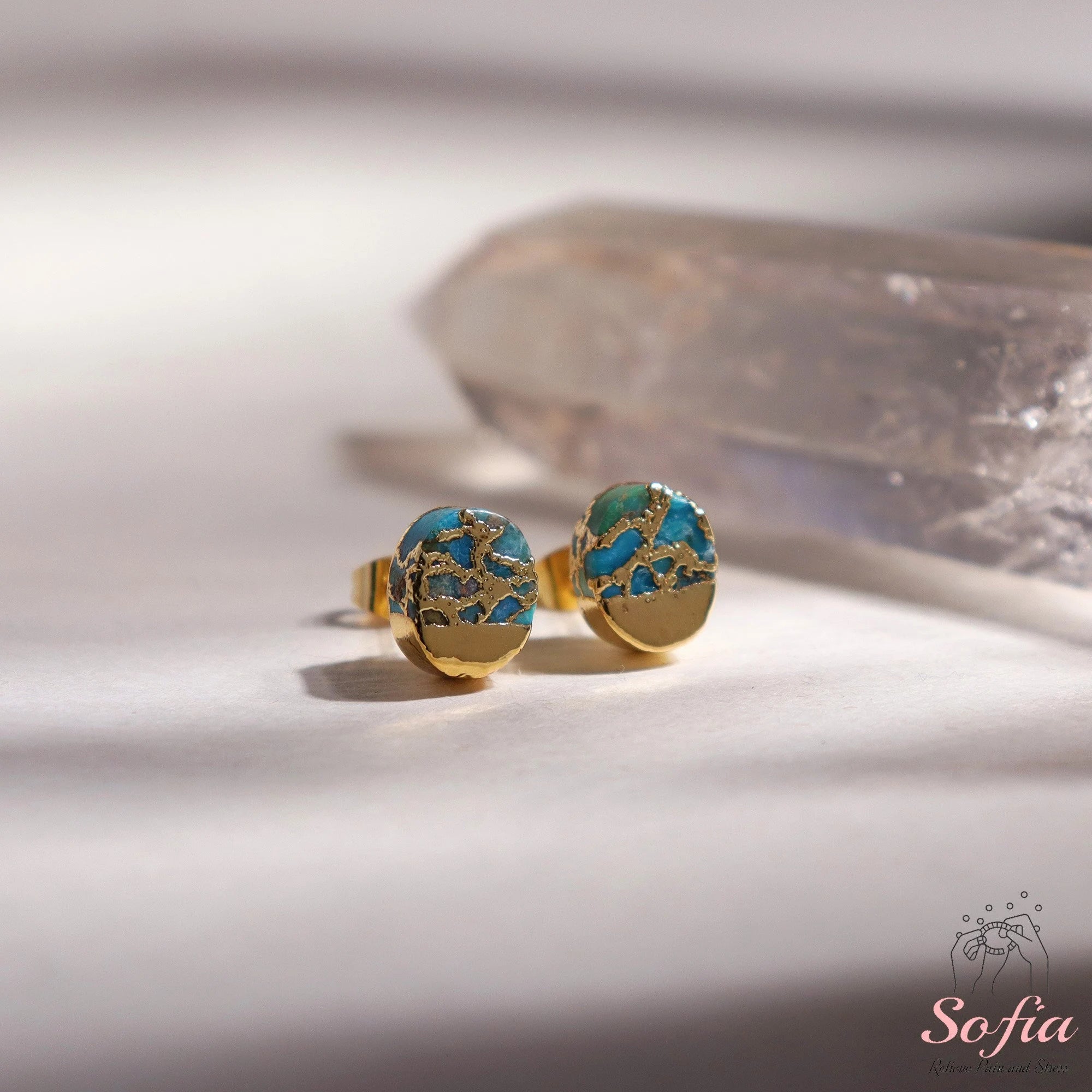 Turquoise Stone Stud Earrings - Natural Turquoise Gemstone Gold Earrings - Birthstone Post Earrings - Raw Turquoise Oval Stud Earrings