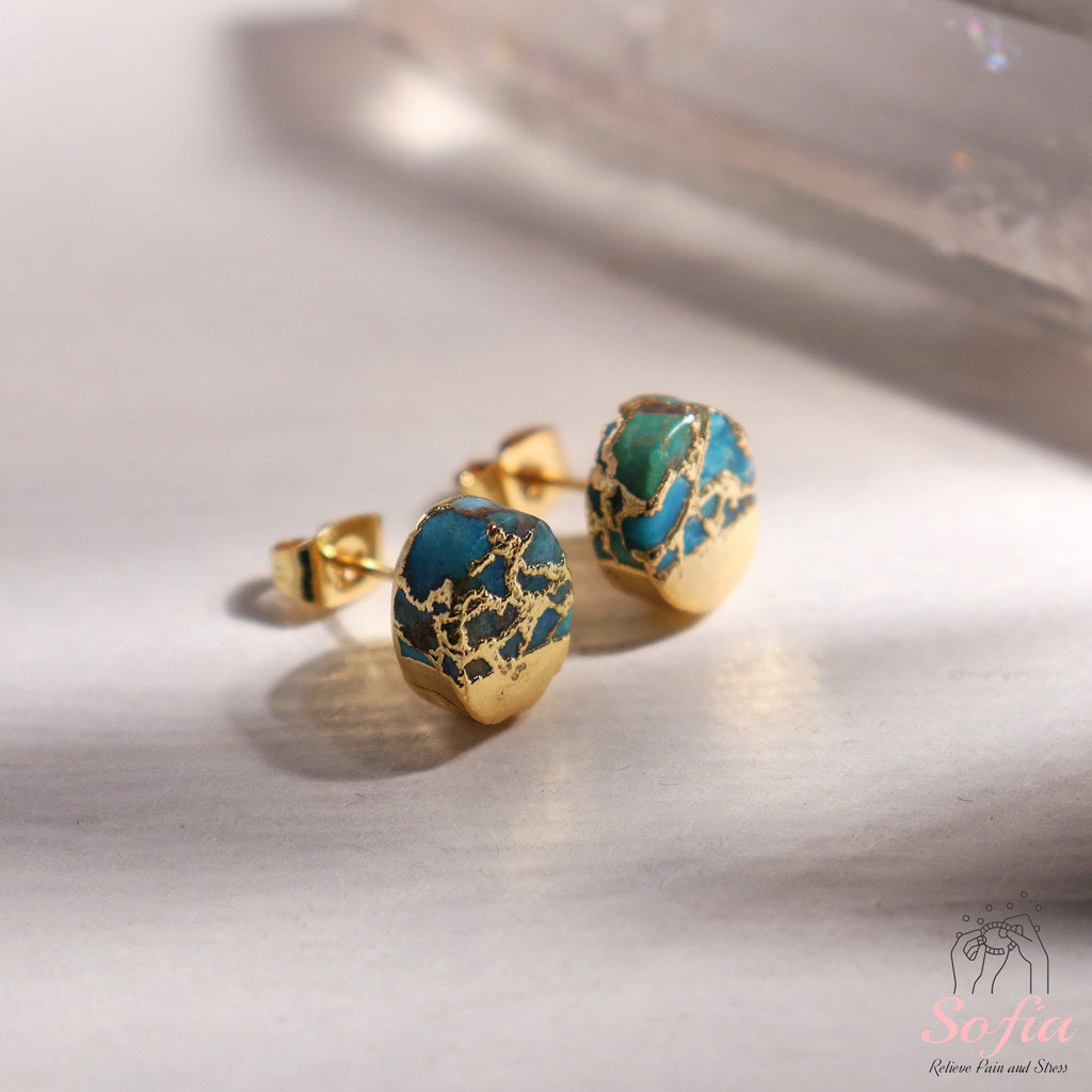 Turquoise Stone Stud Earrings - Natural Turquoise Gemstone Gold Earrings - Birthstone Post Earrings - Raw Turquoise Oval Stud Earrings