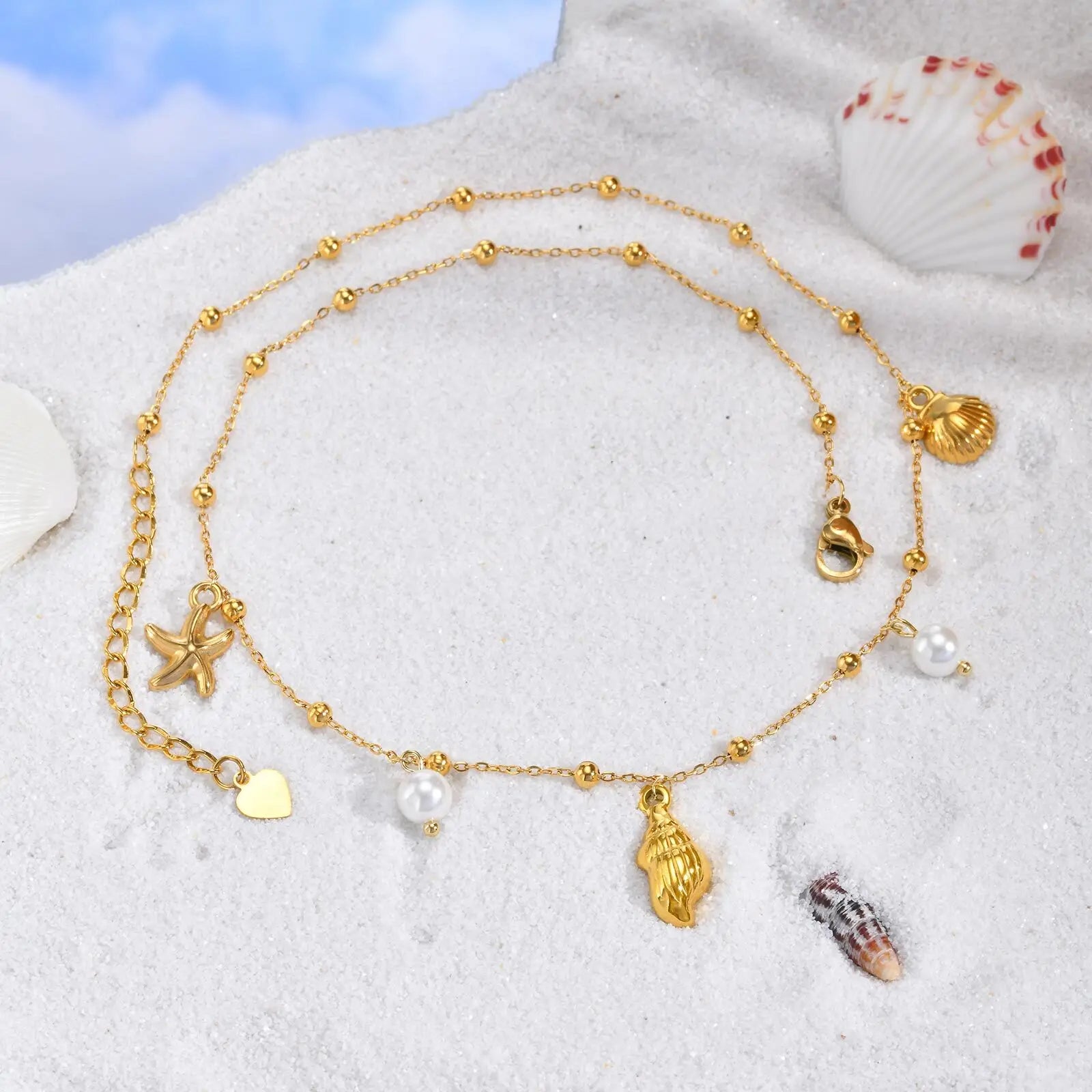 18K Gold Plated Pearl Shell Conch Starfish Summer Beach Necklace, Charms Necklace for Women,Stainless Steel Waterproof Jewelry