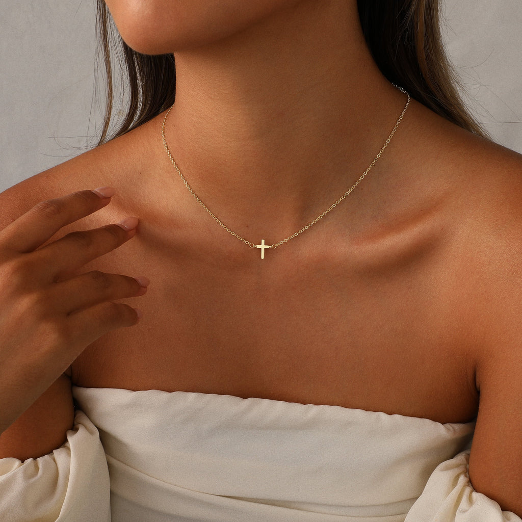 Cross Necklace for Women ,14K Gold Plated Sideways Set Dainty Simple Cross Choker Trendy Cute Pendant Chain Faith Jewelry Gift