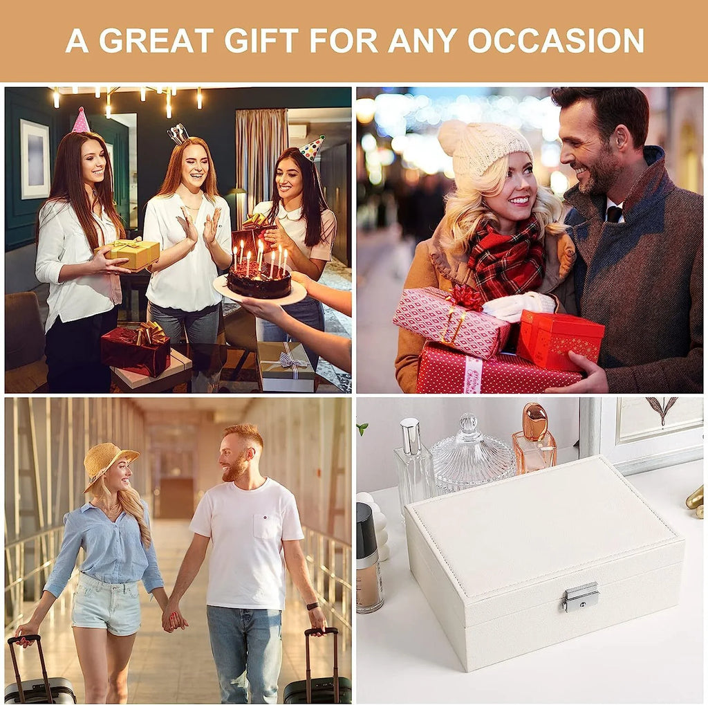 Lockable Birthday Wedding Day Jewelry Boxes, Faux Leather Metal and Velvet, White