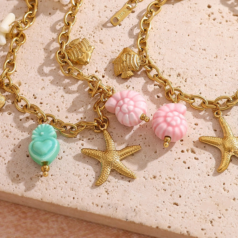 New in Stainless Steel Ocean Necklace Bracelet for Women Vintage 18K Gold Plated Beach Holiday Waterproof Jewelry